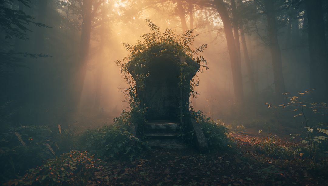 Mysterious Overgrown Throne in Enchanted Misty Forest