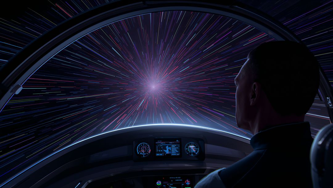Pilot navigating spacecraft through hyperspace starfield from futuristic cockpit
