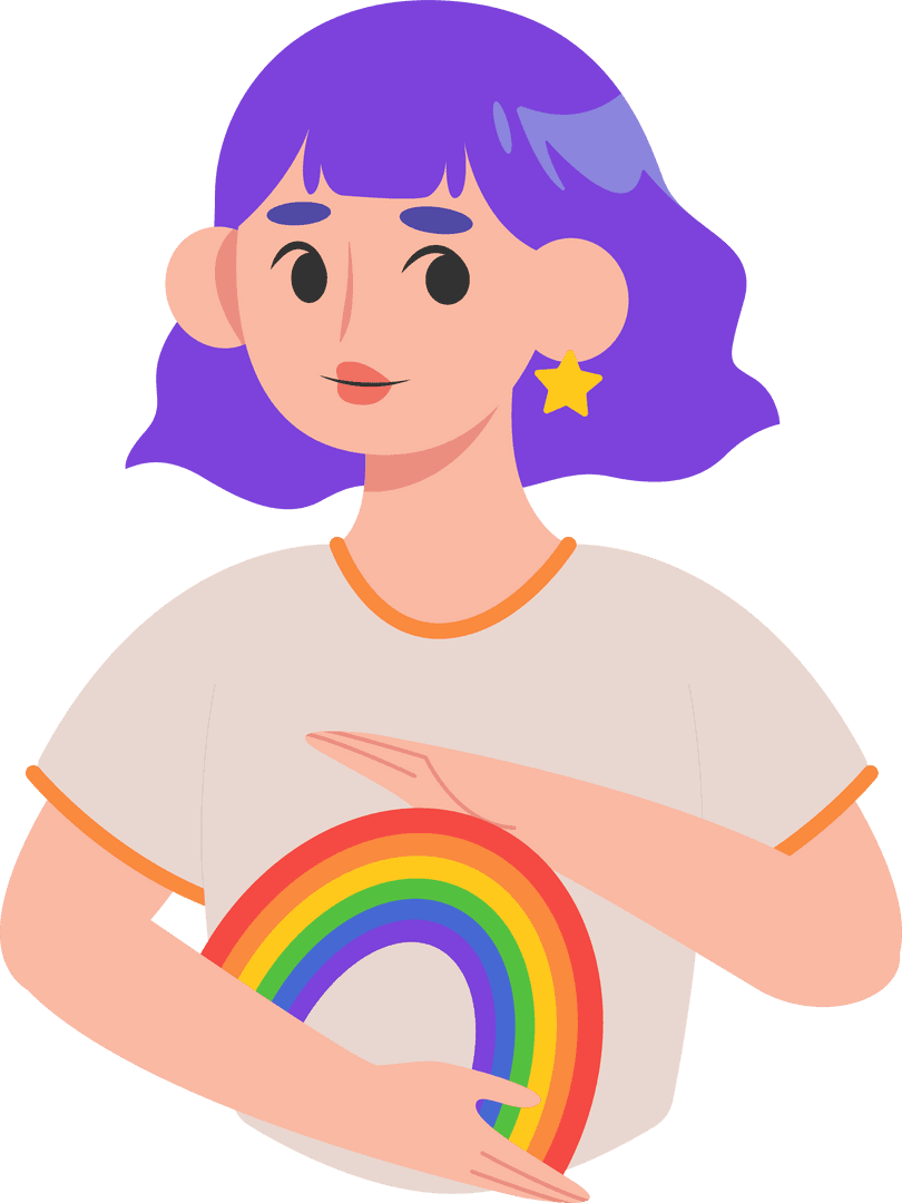 Colorful Cartoon Character with Rainbow Holds Arc on Transparent Background