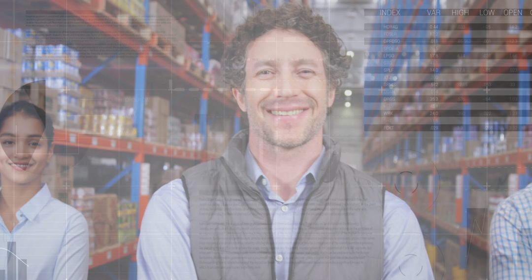 Warehouse Team With Data Overlay in Logistics Environment