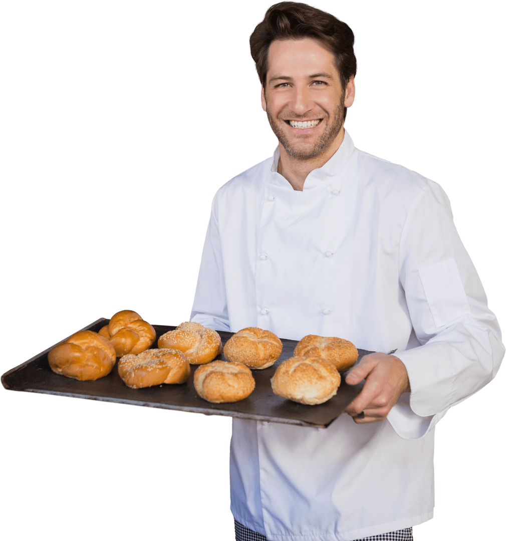 Smiling Baker Holding Freshly Baked Bread on Transparent Background
