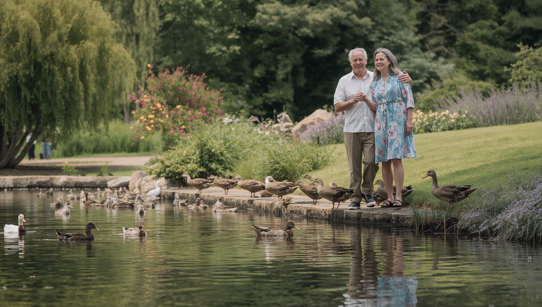 Senior Couple Embracing and Smiling on Pond Edge with Ducks and Willow Trees, Park Stroll