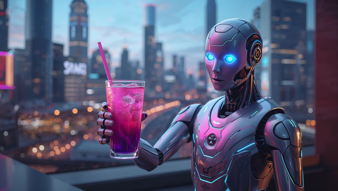 Futuristic Cyborg with Neon Drink Overlooking Cityscape