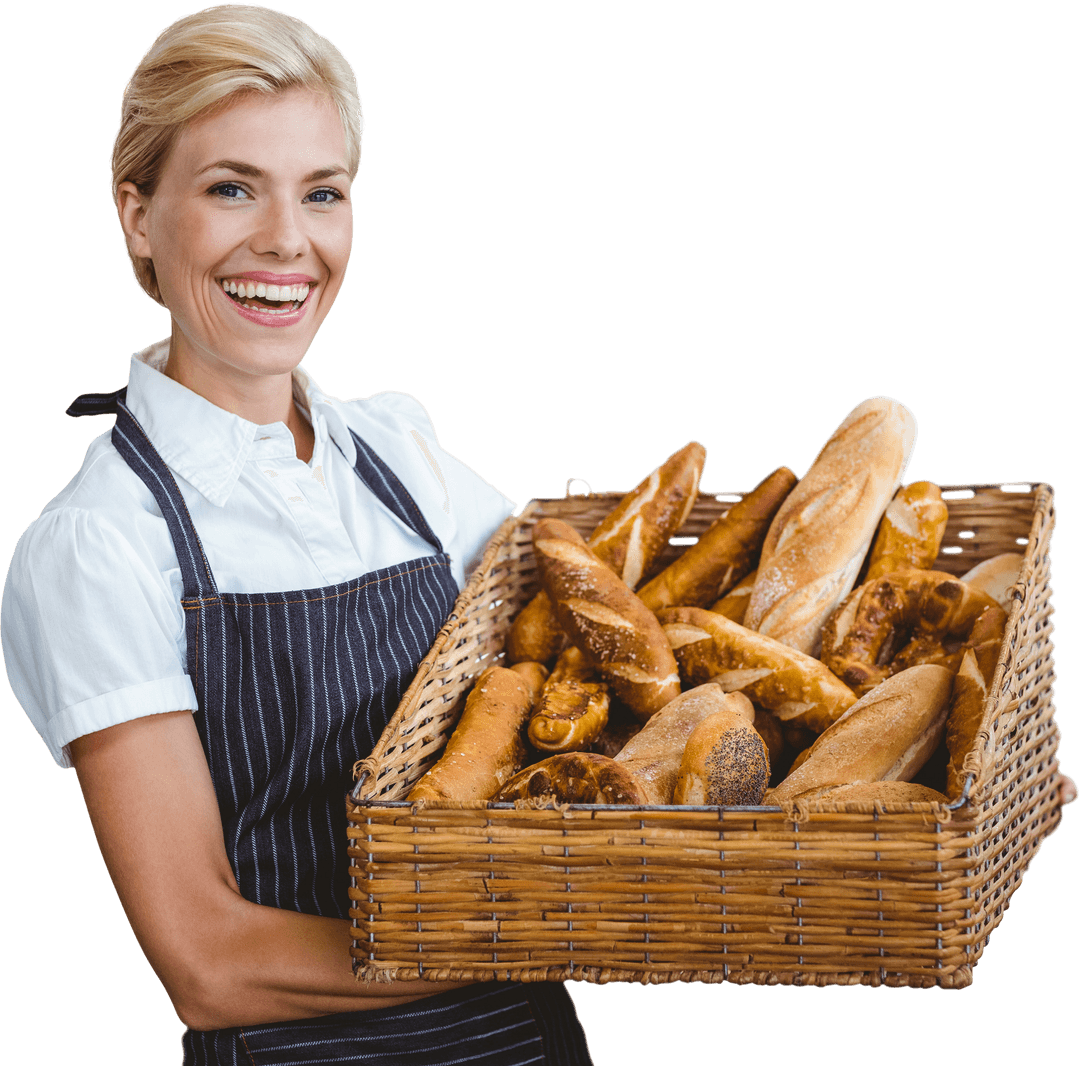 Smiling Female Baker Holding Transparent Basket of Freshly Baked Bread