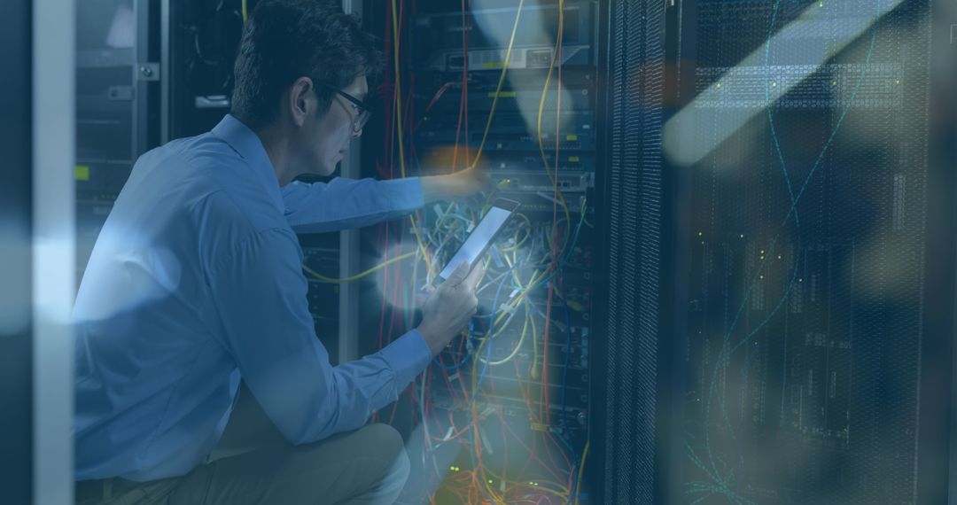 Asian IT Technician Managing Data Center Servers