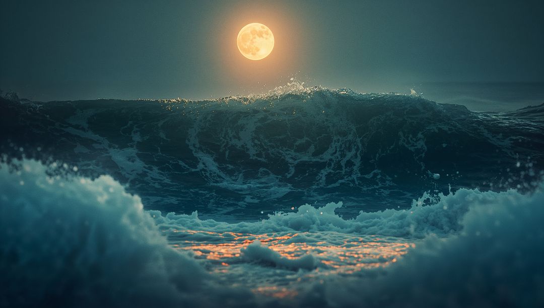 Majestic Ocean Waves Under Full Moonlight