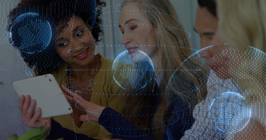 Diverse Team Collaborating on Tablet with Digital Globe Overlay