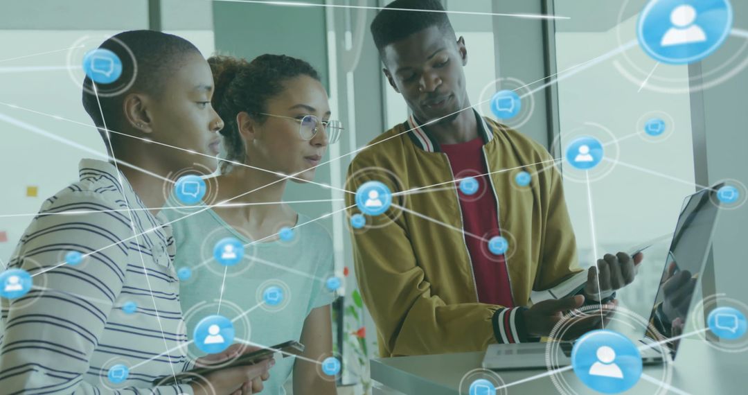 Diverse Team Collaborating on Digital Network Interface