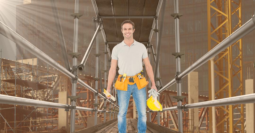 Happy builder with the hat on his hand in a 3D scaffolding - Free Images, Stock Photos and Pictures on Pikwizard.com