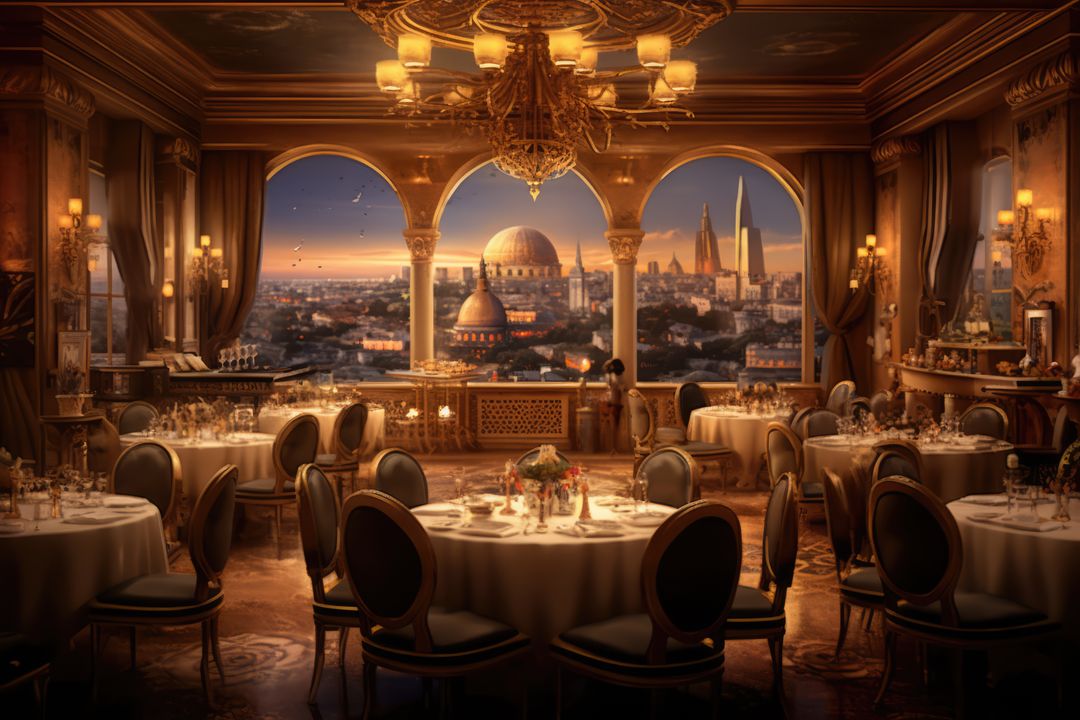 General view of fancy restaurant interiors with city view, created using generative ai technology - Free Images, Stock Photos and Pictures on Pikwizard.com