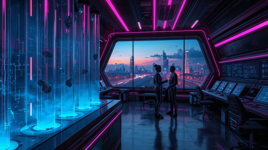 Technicians in Futuristic Neon Lab Overlooking Sci-Fi Cityscape