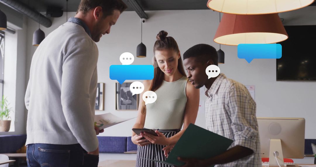 Diverse Team Collaborating with Digital Communication Interfaces