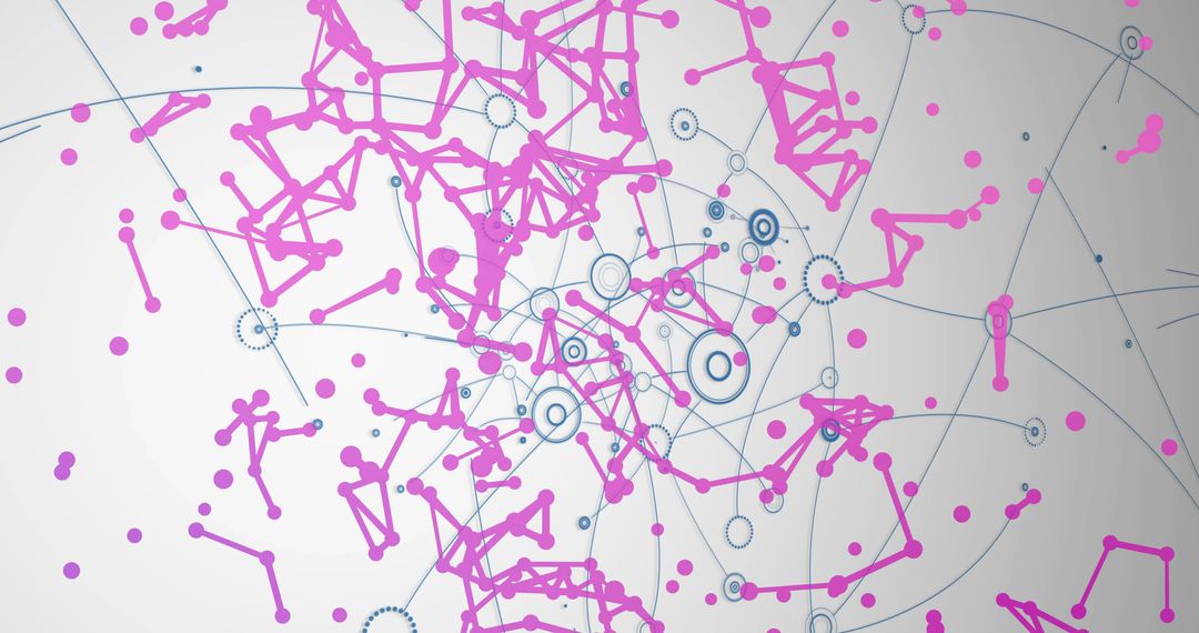 Magenta Node Clusters and Blue Hubs Forming Abstract Connectivity Network on Light Gray