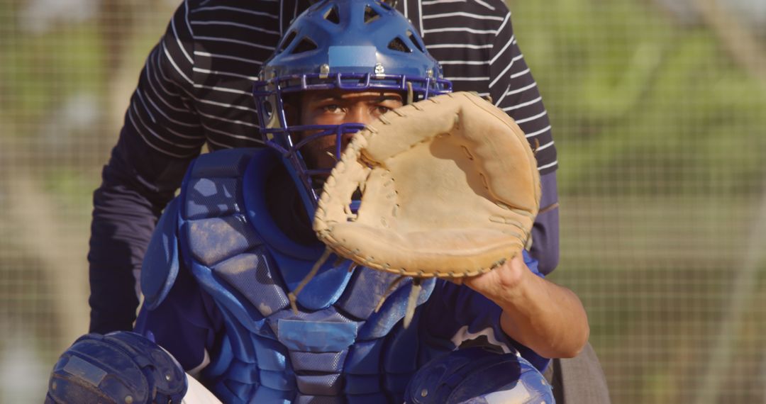 Baseball Catcher Focused Behind Home Plate Preparing for Play - Free Images, Stock Photos and Pictures on Pikwizard.com