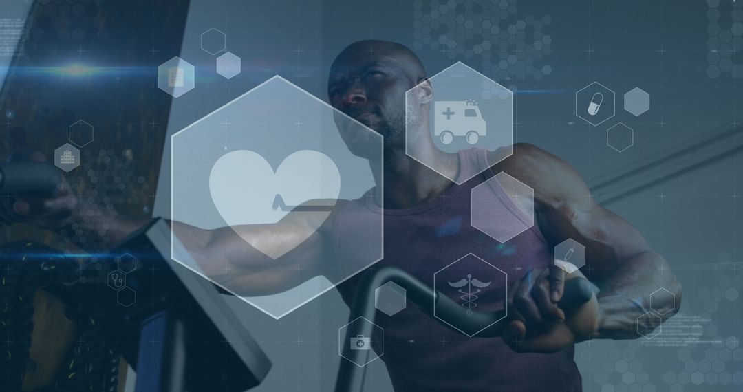 Virtual Health Icons Overlay on Man Exercising in Gym