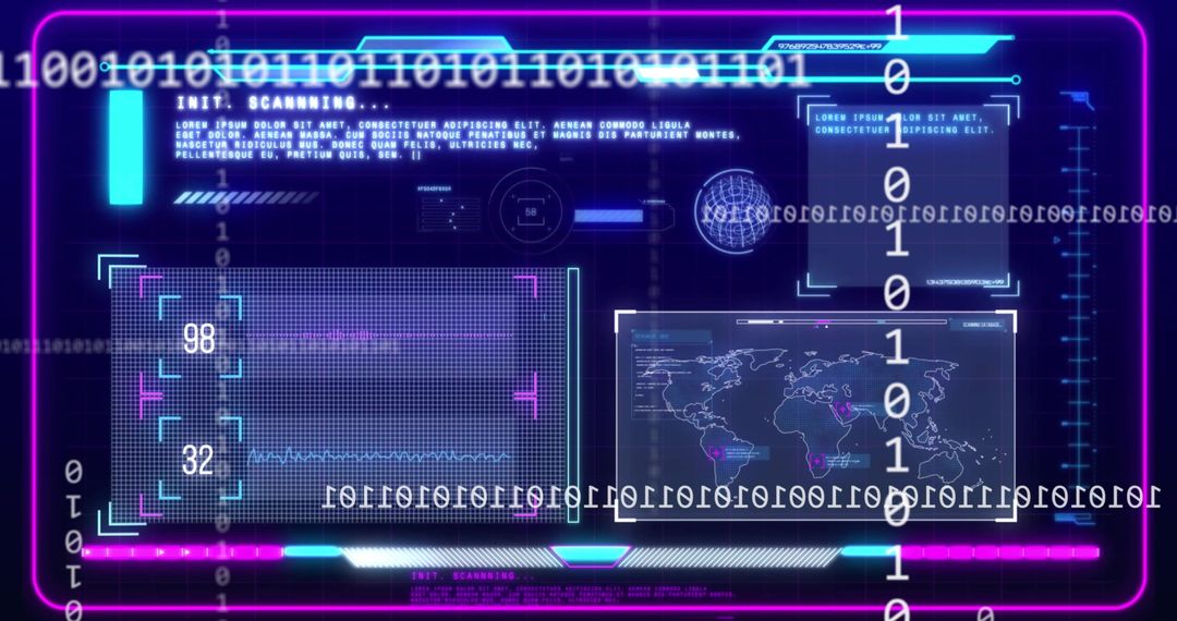 Futuristic Digital Interface with Binary Streaming and World Map