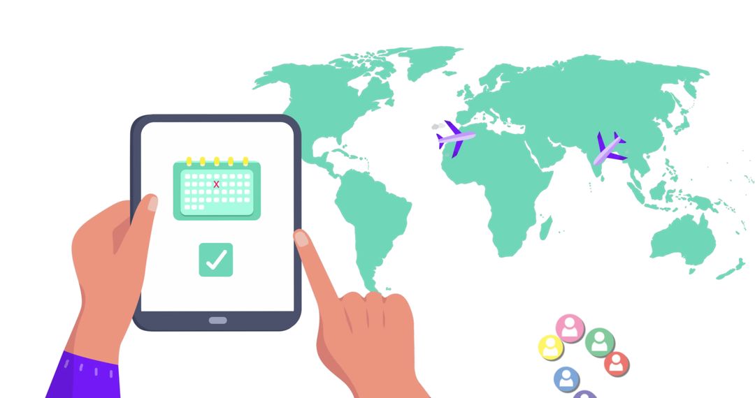 Planning Travel Itinerary on Tablet with World Map Background