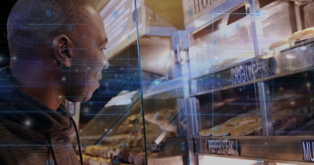 Digital Vision: Customer Studying Pastries in Modern Bakery