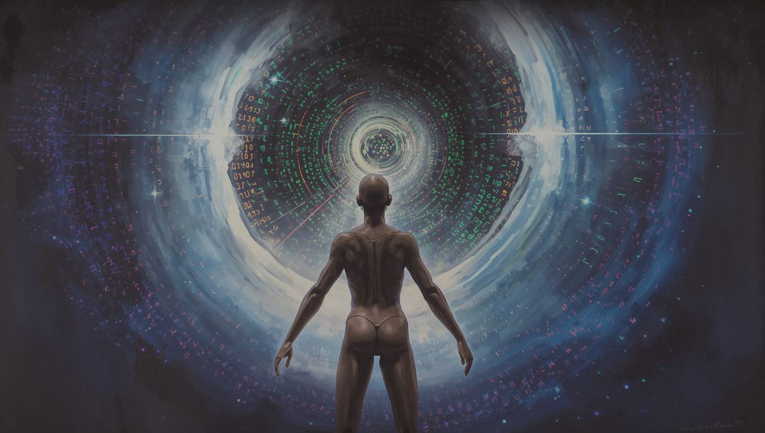 Androgynous Figure Stepping Into Digital Vortex Surrounded by Streaming Code
