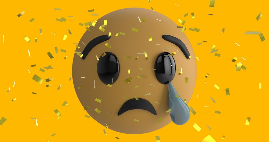 Sad Emoji Amidst Falling Gold Confetti on Yellow Background