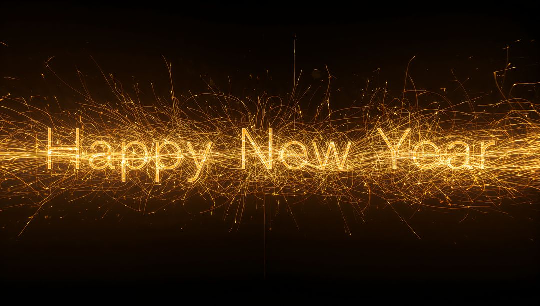 Glowing Happy New Year Text with Golden Spark Trails and Radiant Festive Light