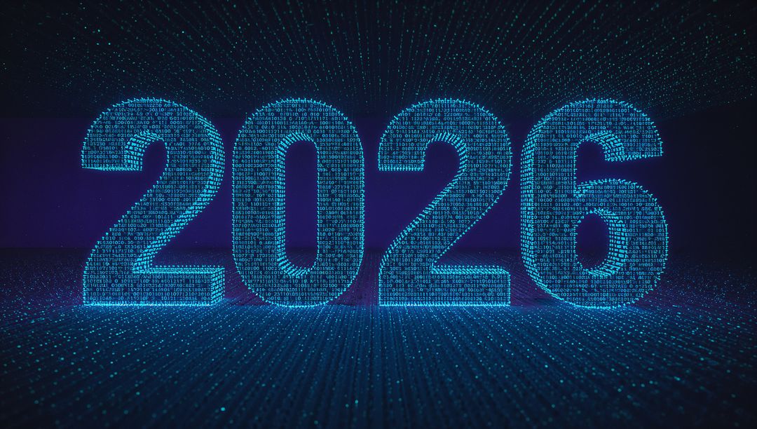 2026 Floating Neon Numerals Glowing Over Binary Grid, Futuristic Digital Data