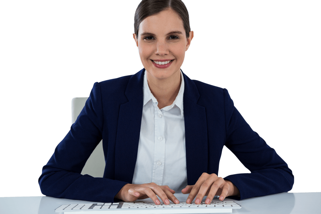 Transparent Businesswoman Typing on Keyboard at Desk