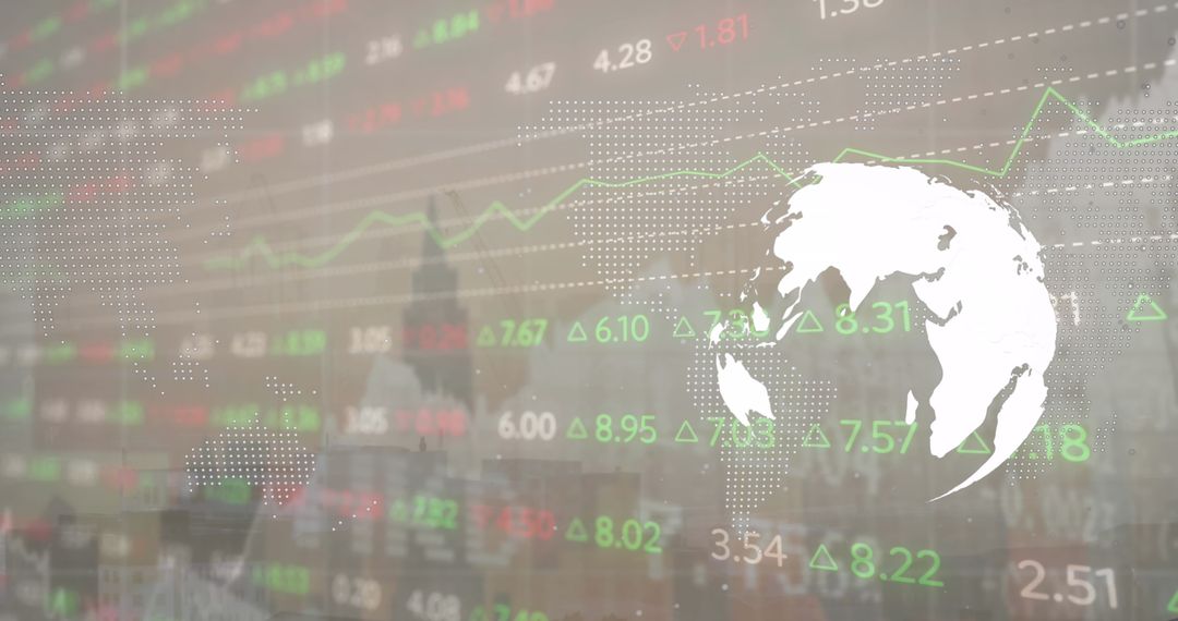 Global Business Data Overlay on Cityscape Background