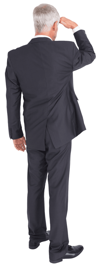 Transparent Rear View of Mature Businessman Analyzing Situation