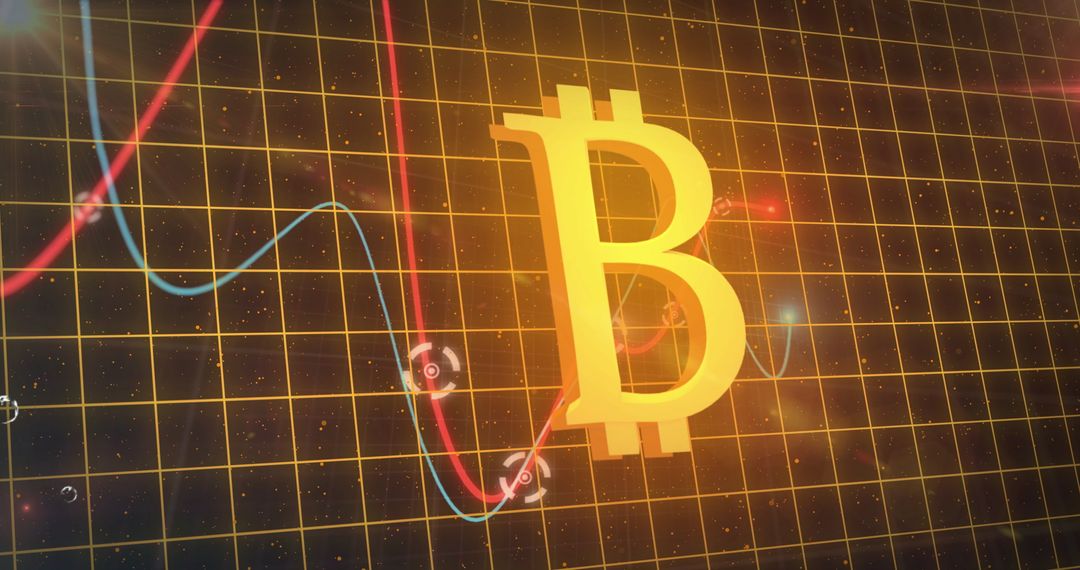 Glowing Bitcoin Symbol on Financial Data Grid Background