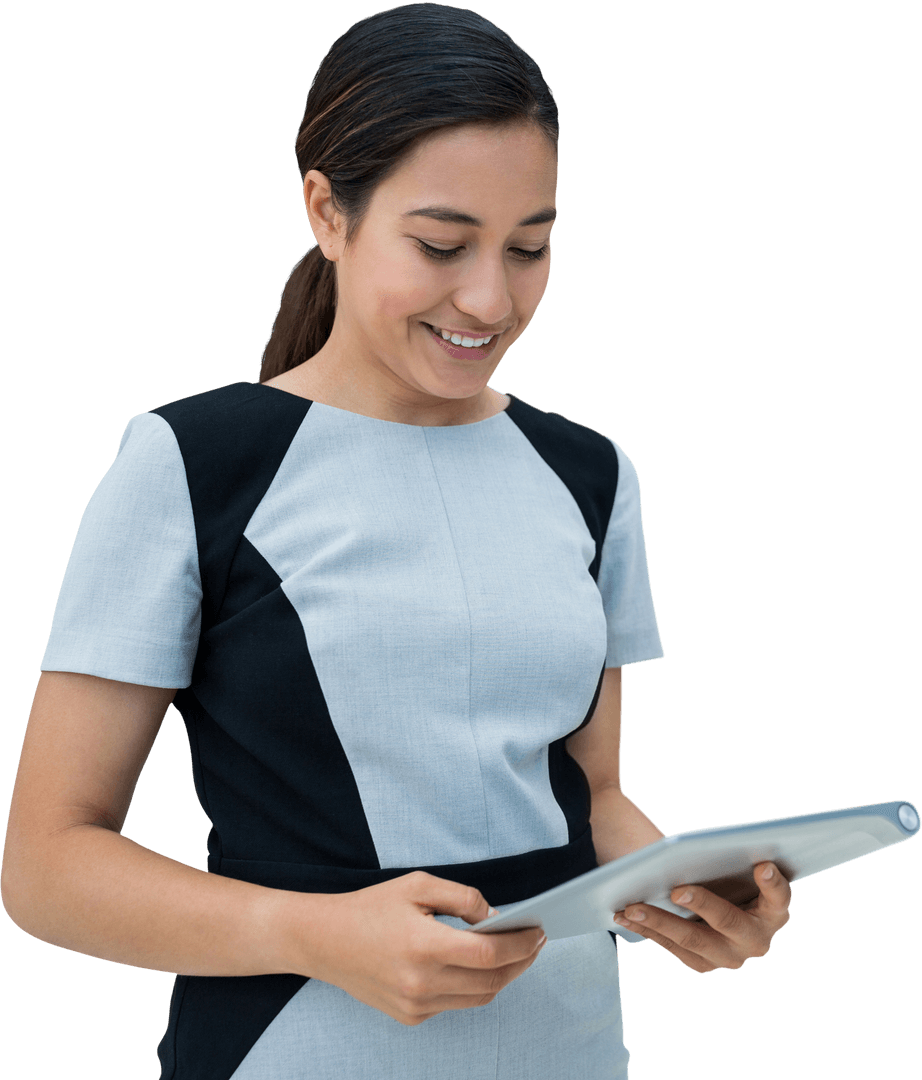 Transparent Smiling Young Businesswoman with Digital Tablet