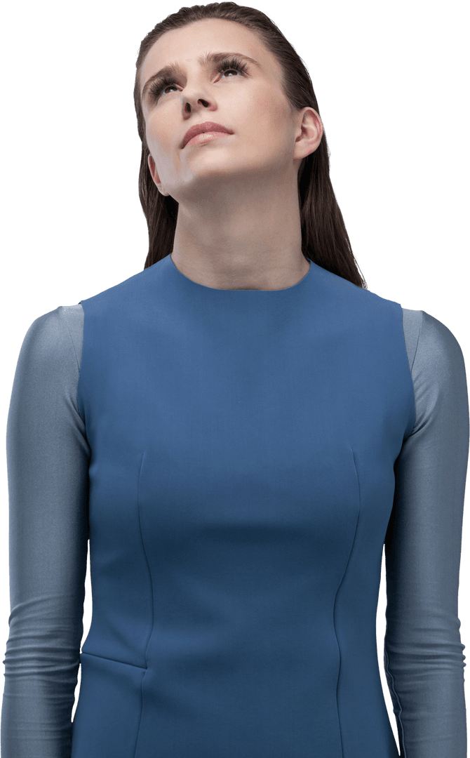 Transparent Woman in Thoughtful Upward Gesture