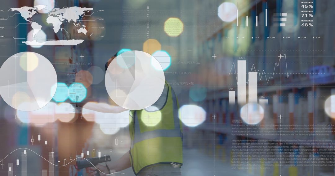 Warehouse Worker Analyzing Data with Global Interface Overlay