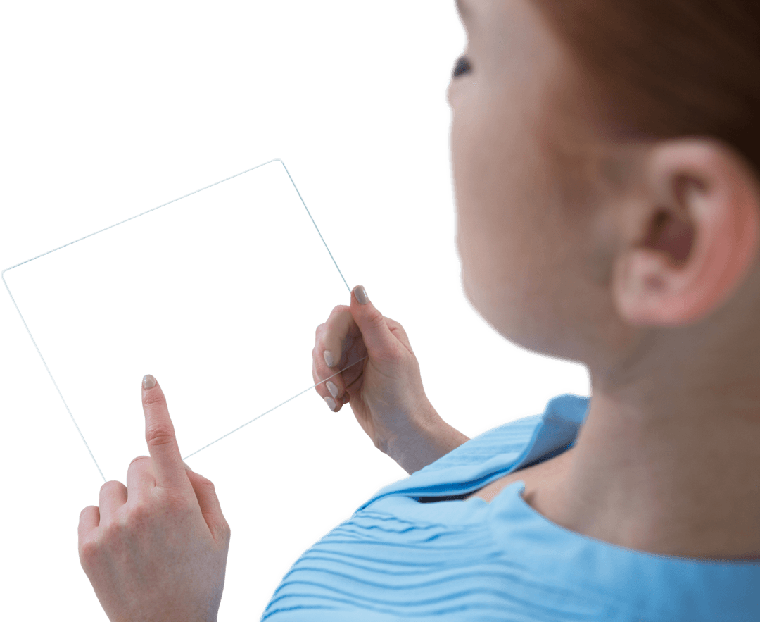 Businesswoman Interactive with Transparent Tablet Technology