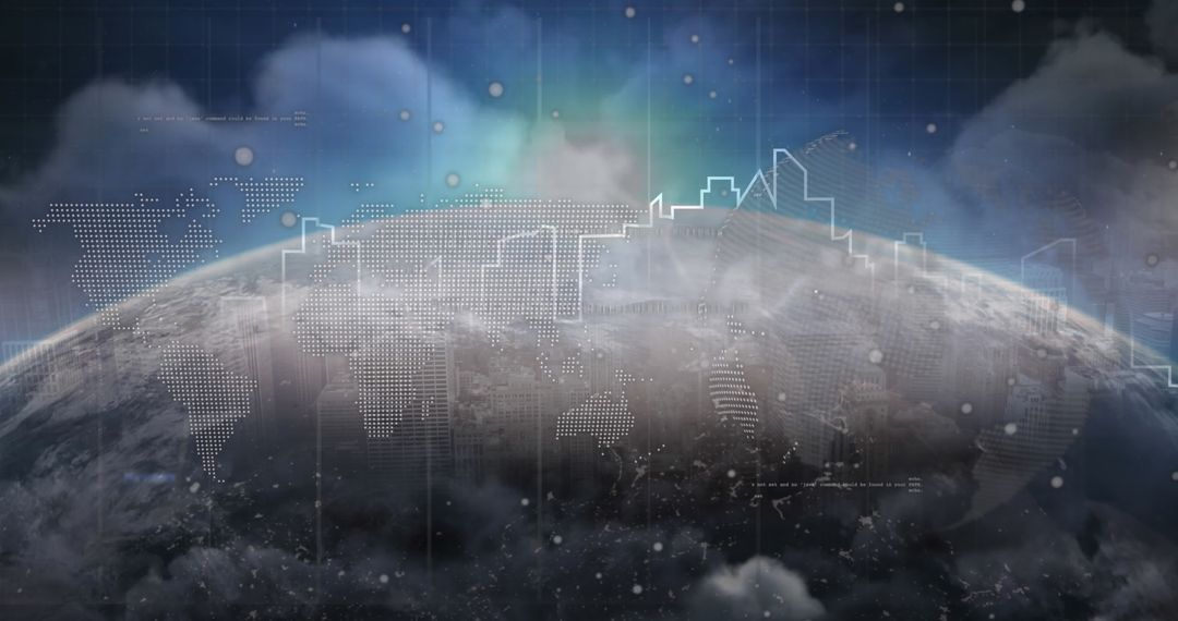 Digital World Map Projection Over Earth Showing Global Data Connectivity