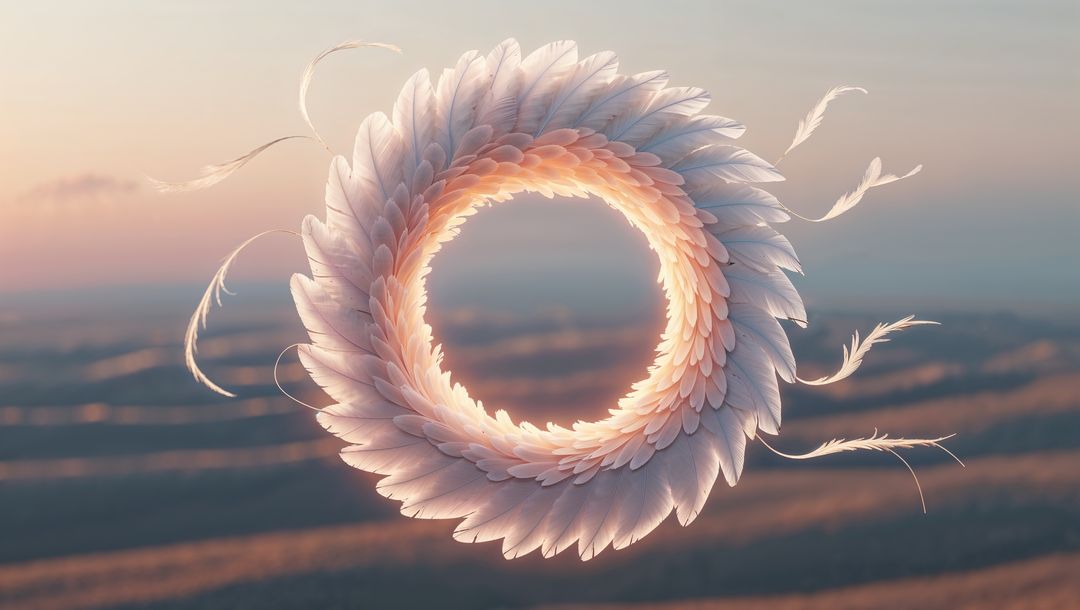 Dreamy Feather Ring Floating Over Serene Desert at Dawn