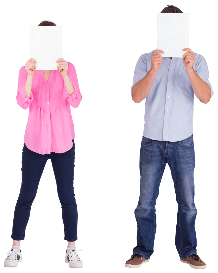 Caucasian Couple Holding Blank Cards on Transparent Background