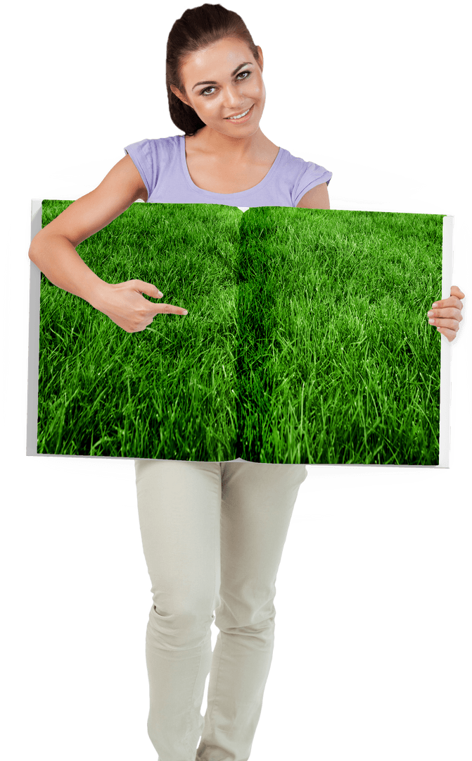 Smiling Woman Displays Lush Green Grass on Transparent Background