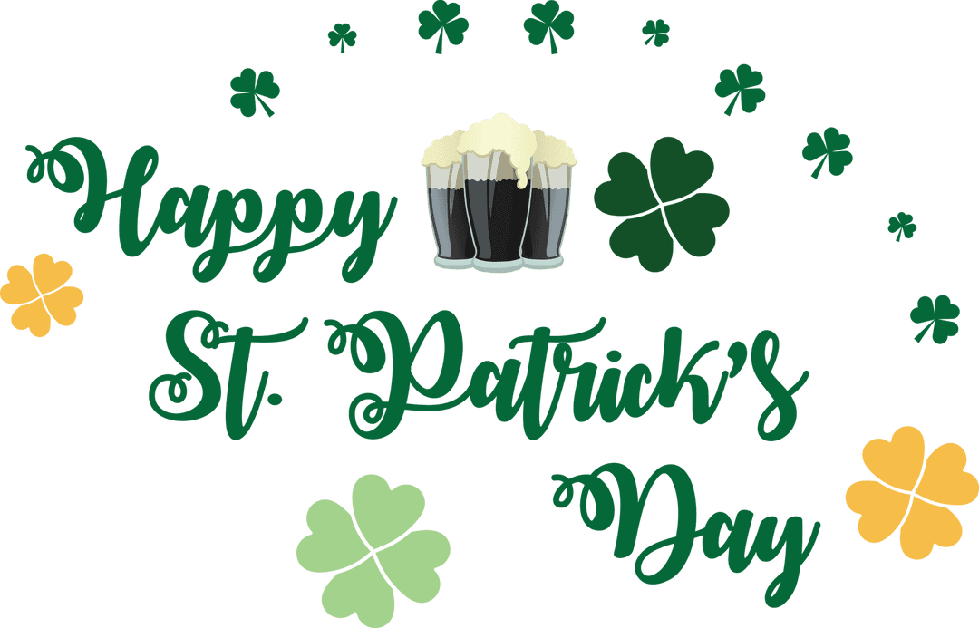 Happy St. Patrick's Day with Clovers and Beer on Transparent Background