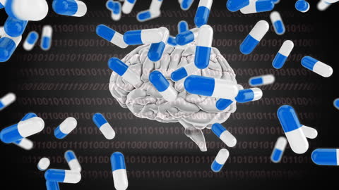 Digital Brain with Floating Pills Conceptual Illustration