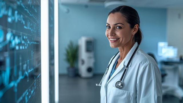 Smiling female physician beside illuminated ecg display in modern clinic
