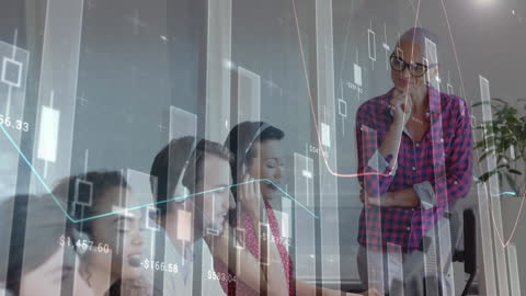 Diverse Team Analyzing Financial Data with Futuristic Graphs