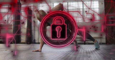 Athlete Planking with Digital Security Icon in Modern Gym