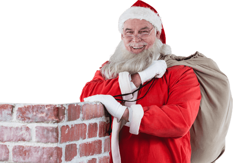 Cheerful Santa Claus Leaning on Transparent Chimney