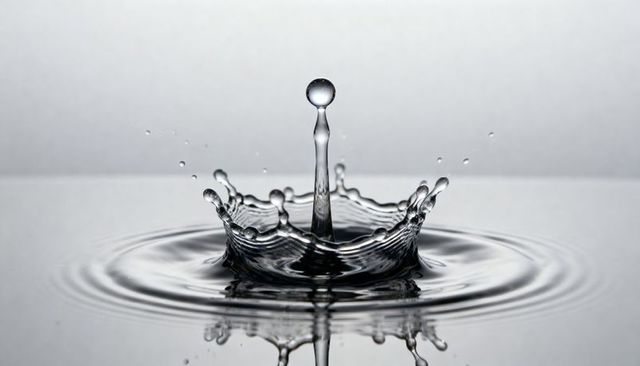 Water droplet crown forming with rising column and mirror reflection on glossy surface