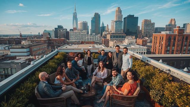 Rooftop networking party with skyline view, professionals socializing and enjoying drinks