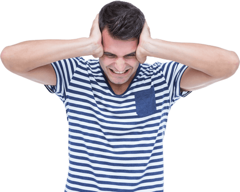 frustrated man covering ears in striped shirt on transparent background - Download Free Stock Videos Pikwizard.com