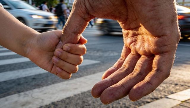 Holding child hand across busy crosswalk protecting from traffic during street crossing