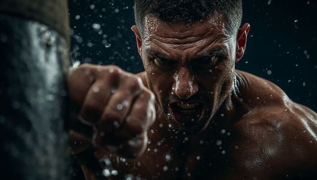 Intense Athlete Powerfully Punching Heavy Bag in Gym