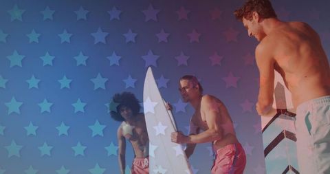 Diverse Friends with Surfboards, Patriotic American Flag Overlay